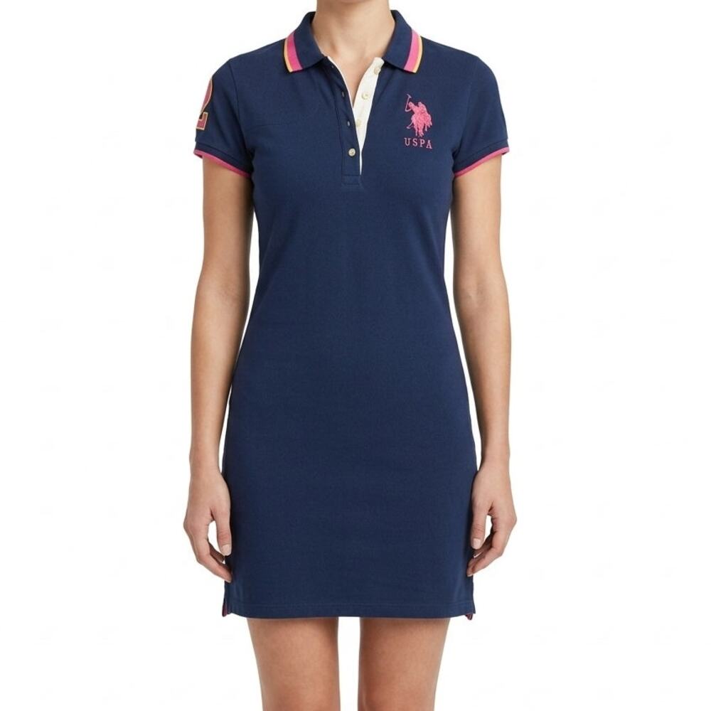 US Polo Association Blue Pink Short Sleeve Embroidered Polo Shirt Mini Dress M